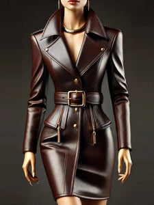 PU Leather Lapel Mini Dress