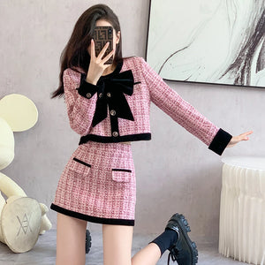 French Tweed Two Piece Plaid  Bow Short Coat + High Waist Mini Skirt