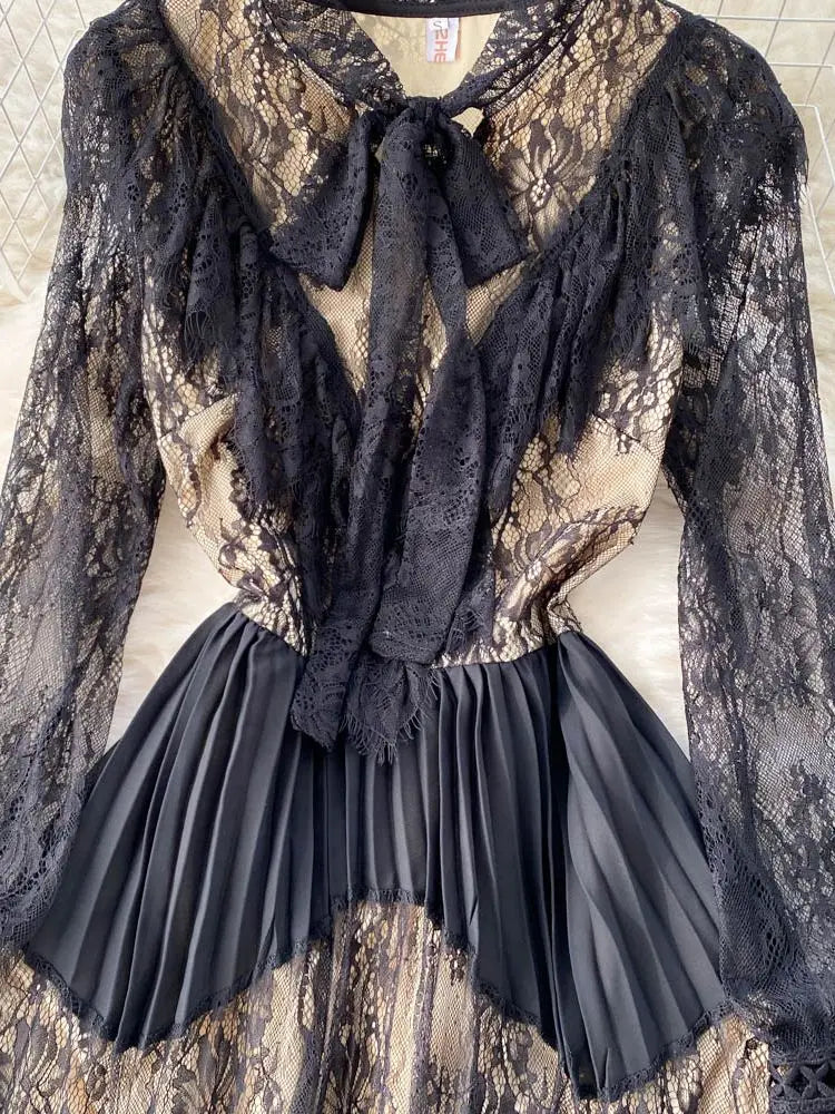 Black Lace Bow Collar Elegant Hollow Out Stitching Pleated Dress