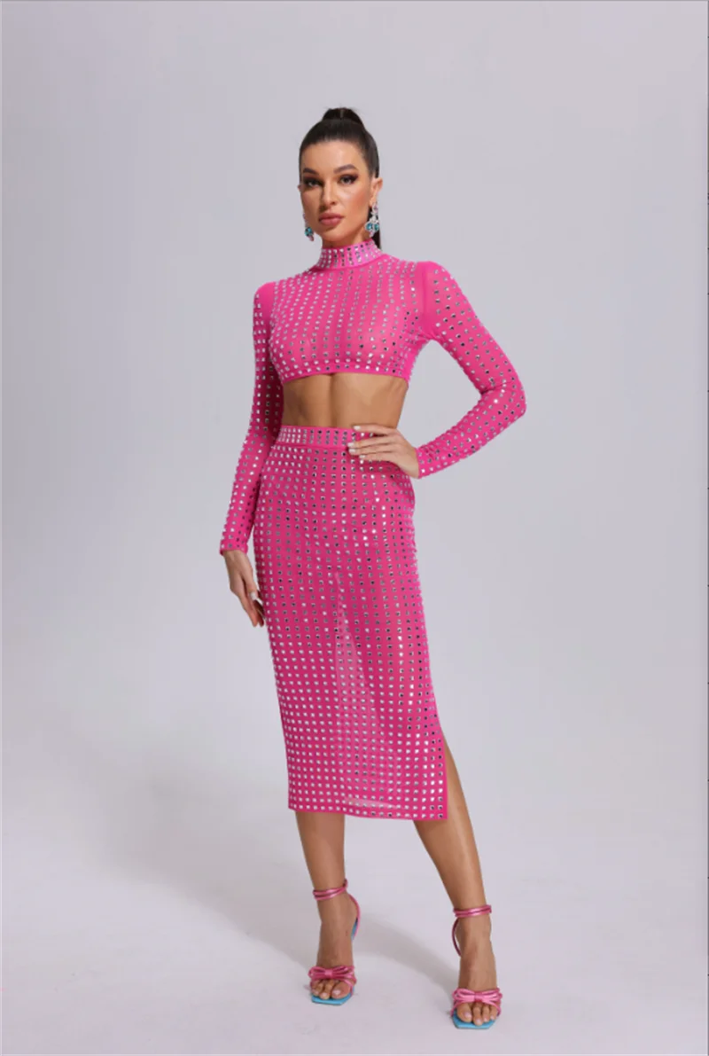 Sparkling Square Diamonds Mesh See Through Top And Skirt