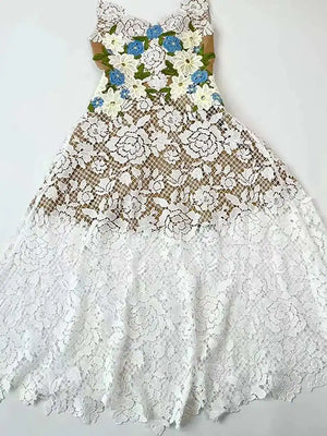 Elegant Rose Embroidery Lace Spliced Hollow Out Dresses