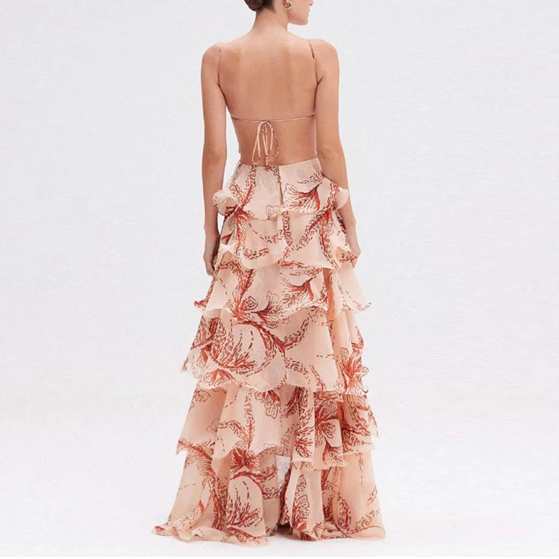 Chic Butterfly Print Ruffle Pleated Dresses