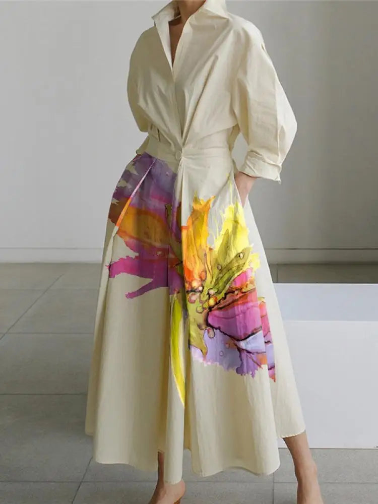 Floral Printed Pleated Lapel A-Line Dress
