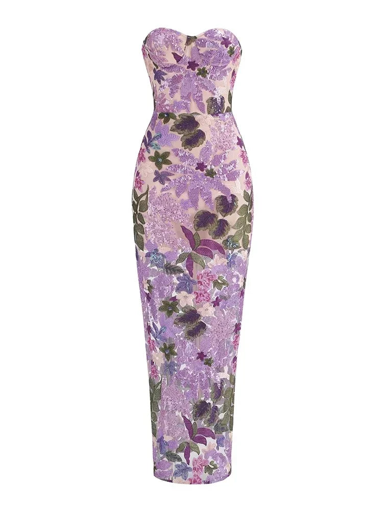 New Sexy Strapless Floral Sequin Long Dress