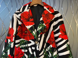 Runway Fashion Red Flower Print Sequined Beading Crystal Zebra Wool Blends Trench Coat