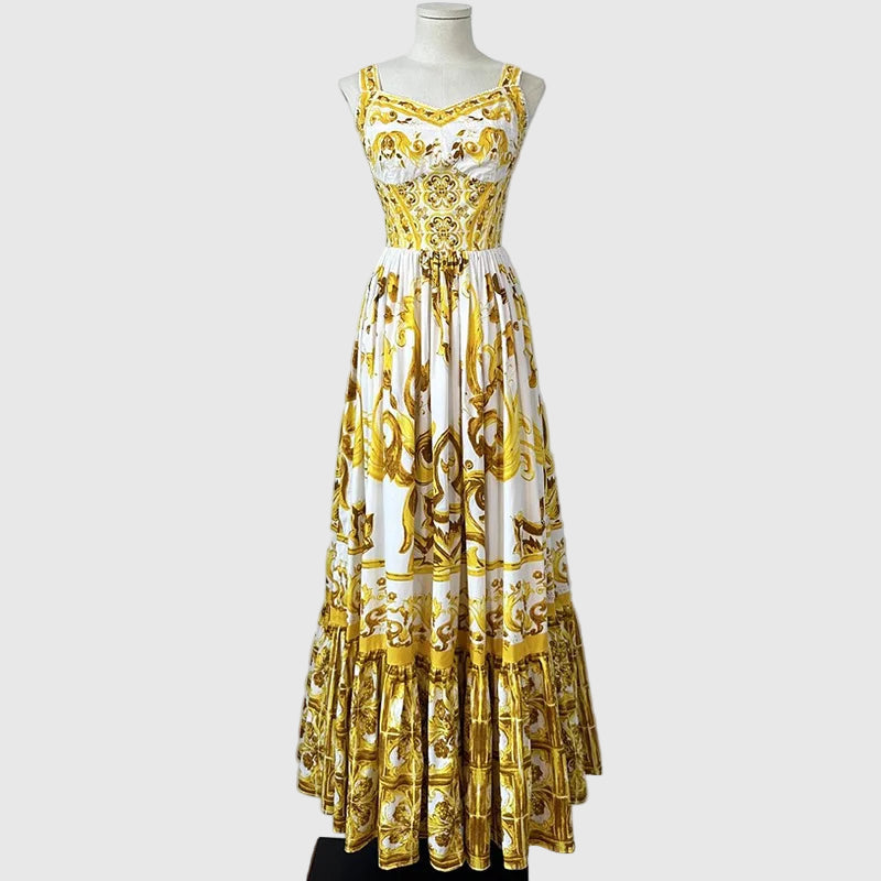 Spaghetti Strap Backless Print Temperament A-Line Pleated Dresses