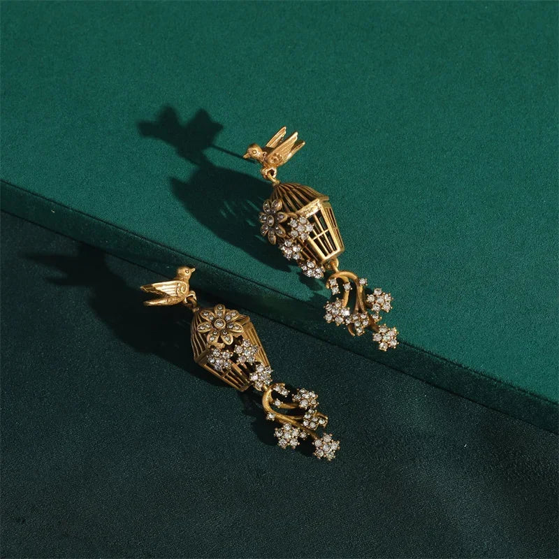 Vintage Rhinestones Bird Cage Drop Dangle Earring
