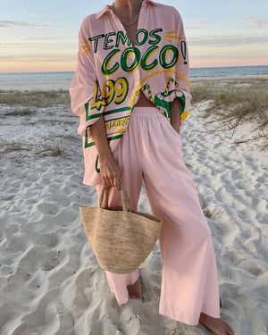 Print Shirt & Long Pants Casual Loose Two Piece Set