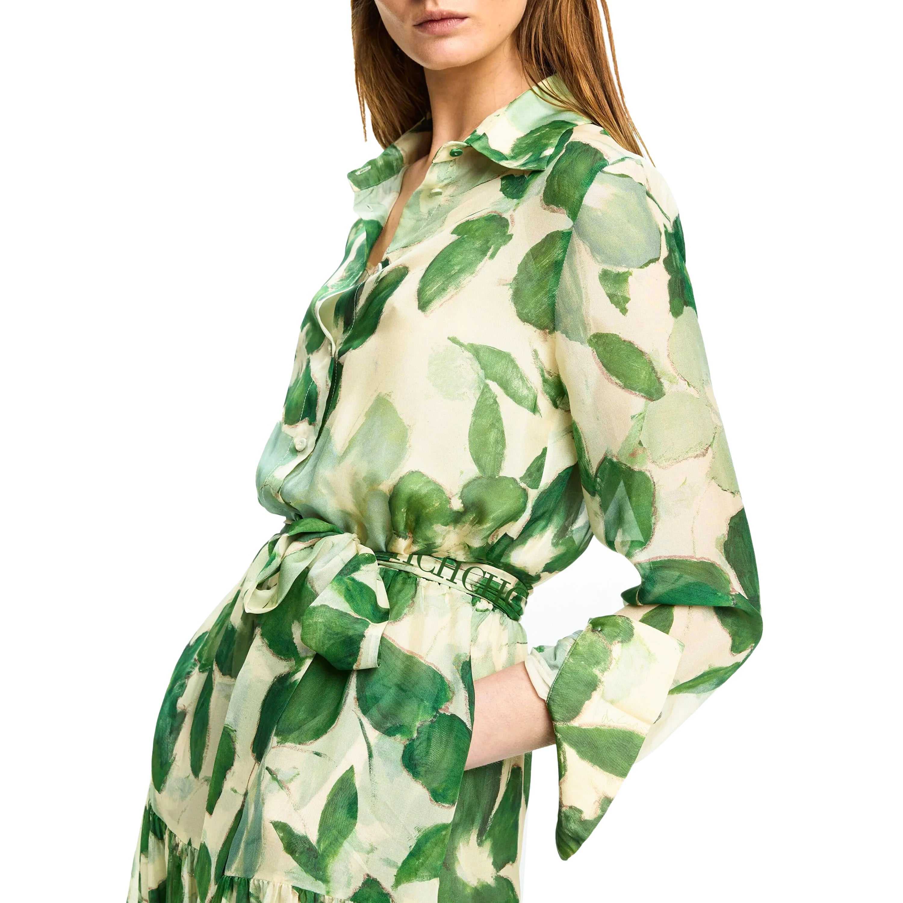 New Belted Chiffon Print V-neck Chic Slim Long Dress