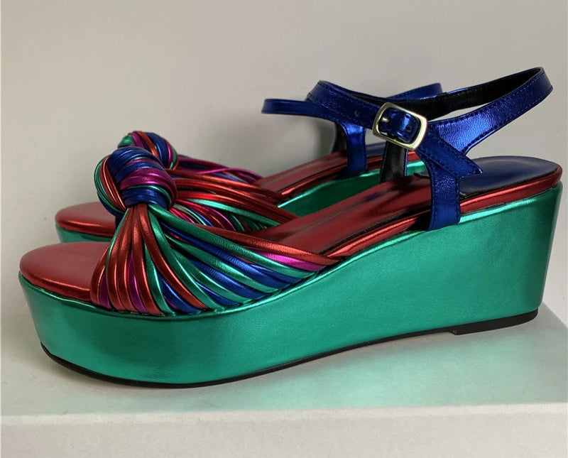 Colorful Narrow Band Bowknot Platform Sandals