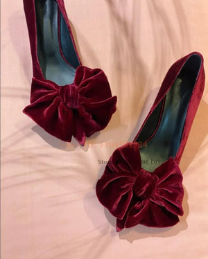 Wine Red 5Cm Heeled Velvet Slip On Pumps