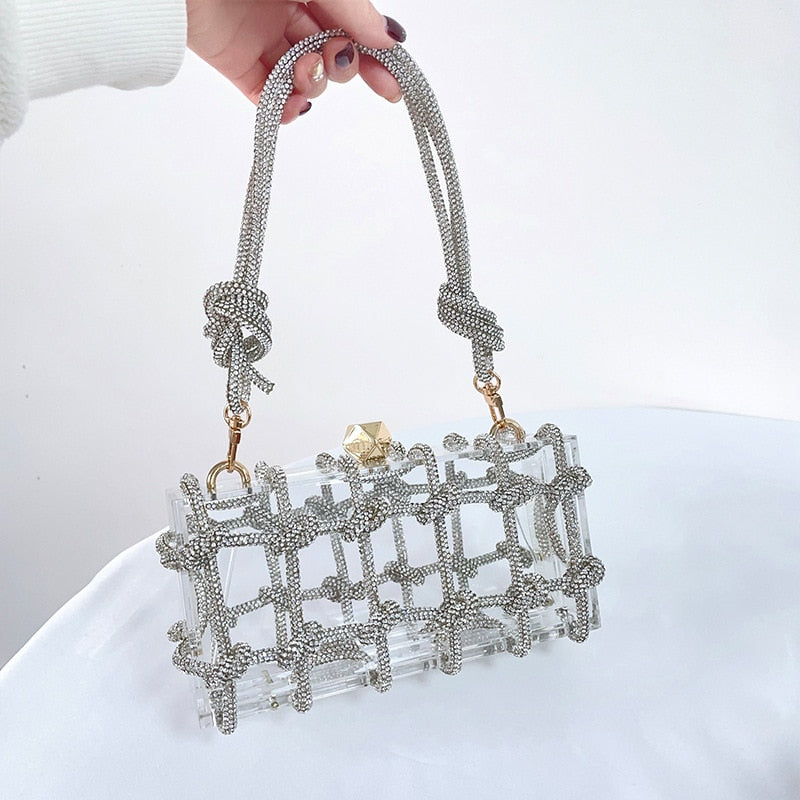 Crystal-Embellished Rope Acrylic Rhinestones Evening Luxury Clear Knot Bag