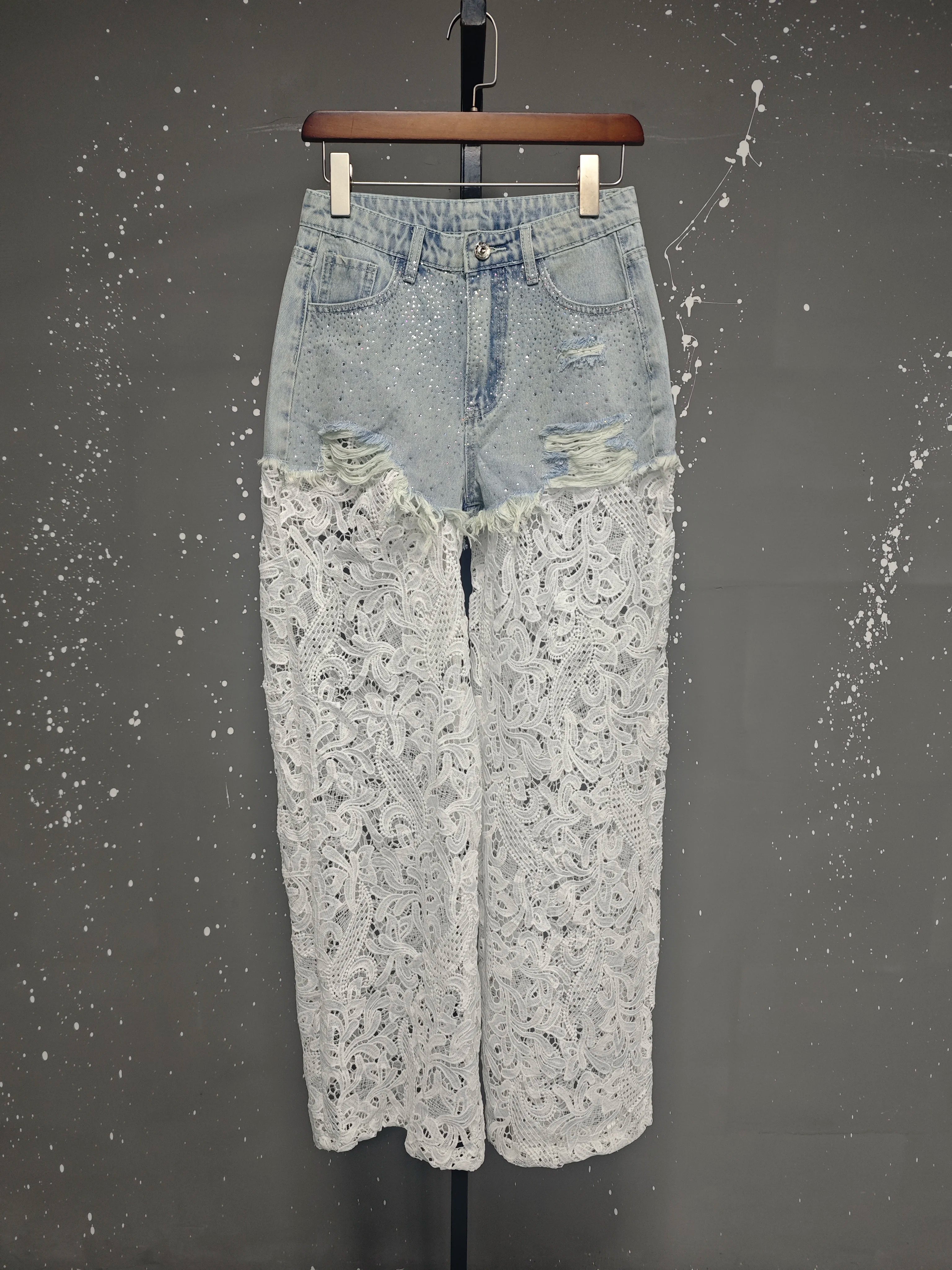 Hot Diamonds Broken Holes Patchwork Lace High Waist Straight Denim Pants