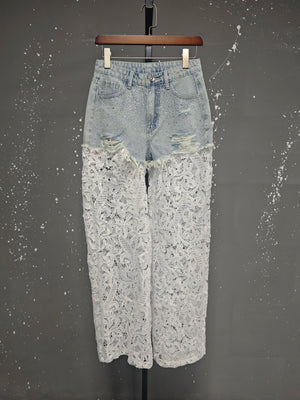 Hot Diamonds Broken Holes Patchwork Lace High Waist Straight Denim Pants
