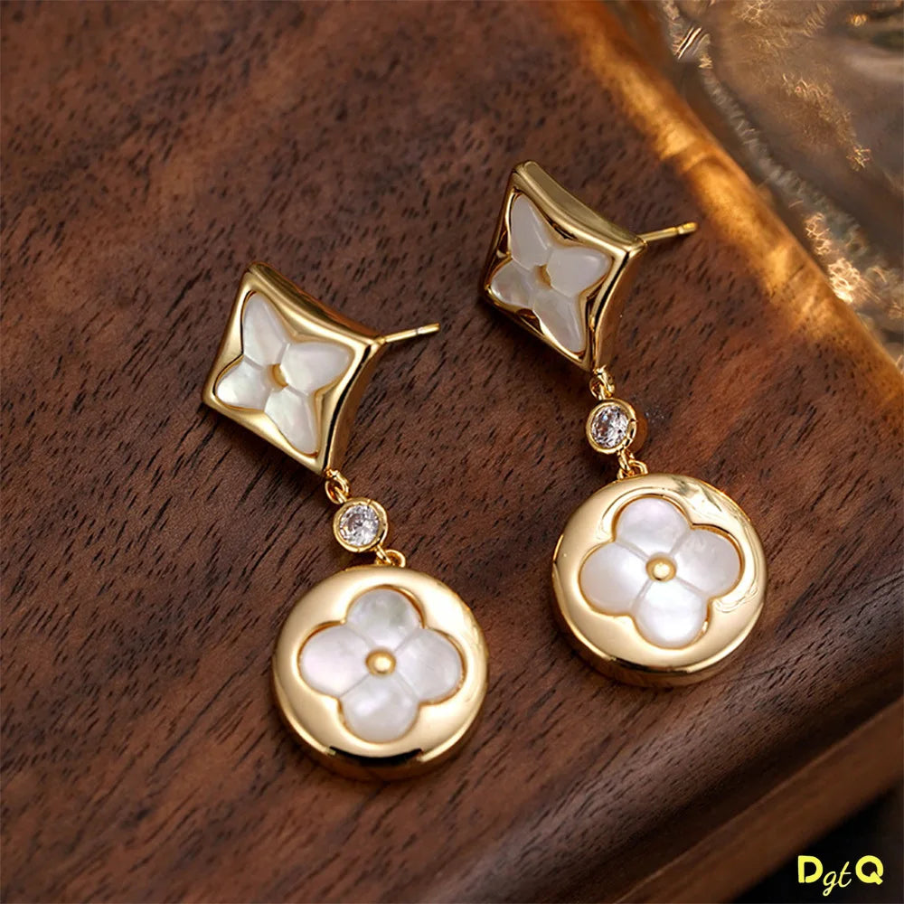 Vintage Double Flower Stainless Steel Acrylic with Leaf Flower Pendant Earrings