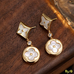 Vintage Double Flower Stainless Steel Acrylic with Leaf Flower Pendant Earrings