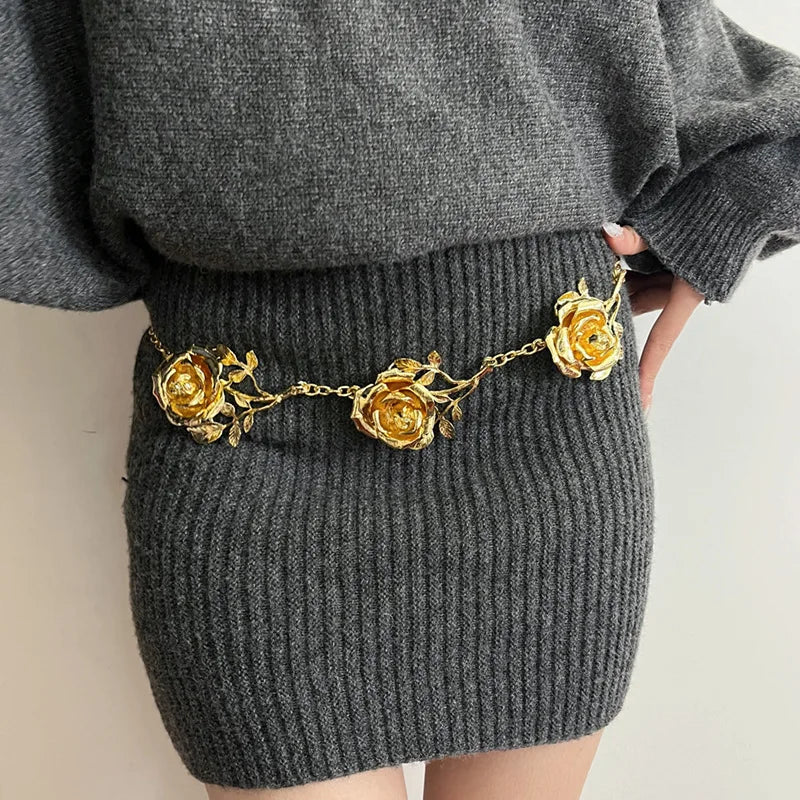 Gold Color Rose Waist chain women's advanced sense of metal chain thin belt accessories