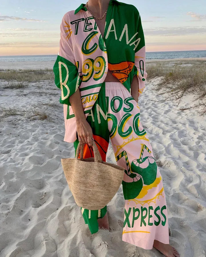 Print Shirt & Long Pants Casual Loose Two Piece Set