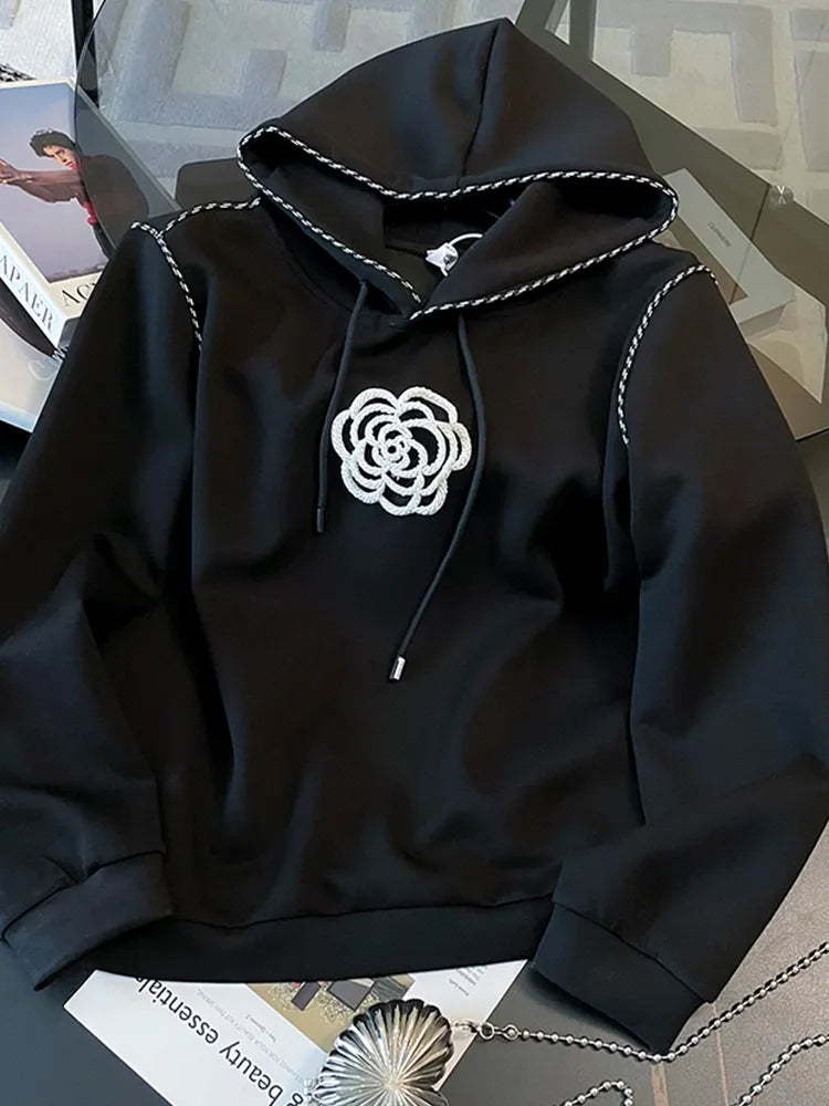 Two Piece Flower Hooded Black Hoodies+Casual Pants Suit