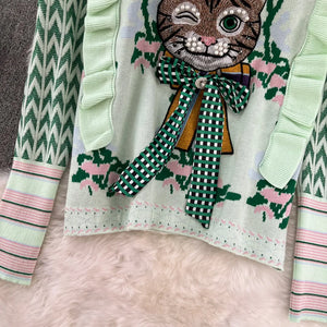 Diamonds Beaded Cat Bow Embroidery Sweater