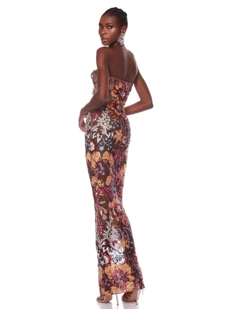New Sexy Strapless Floral Sequin Long Dress