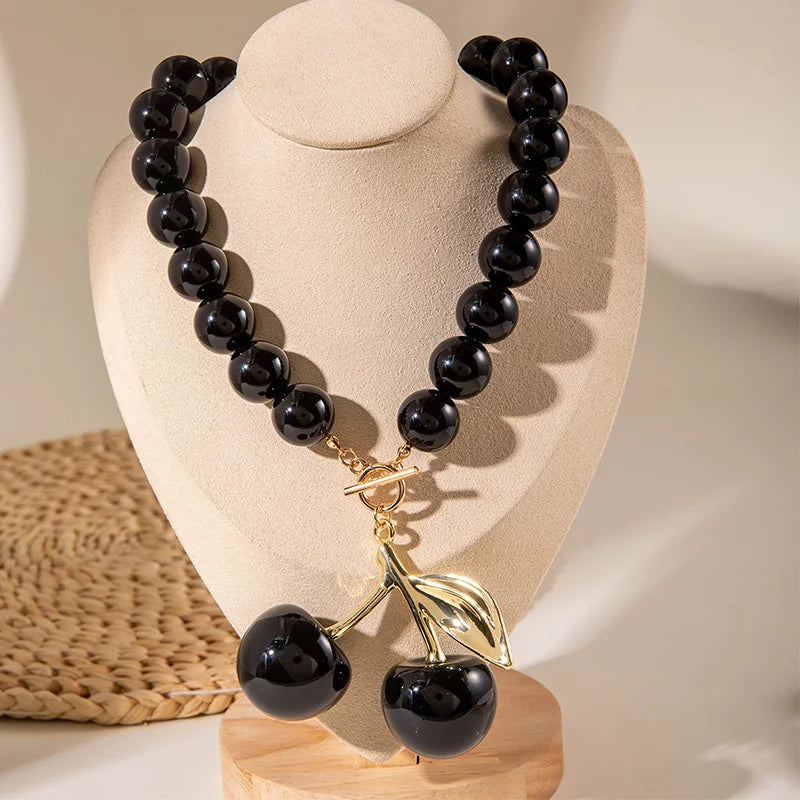 Shiny Acrylic Black Cherry Charms Pendant Necklaces Jewelry