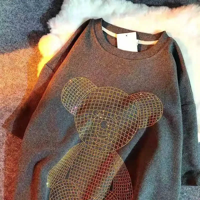 Trendy Diamond-Embellished Gold Bear Short Sleeve T-Shirt Plus Size