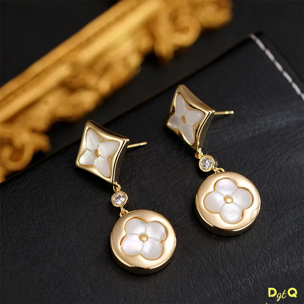 Vintage Double Flower Stainless Steel Acrylic with Leaf Flower Pendant Earrings