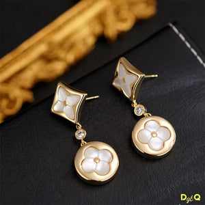 Vintage Double Flower Stainless Steel Acrylic with Leaf Flower Pendant Earrings