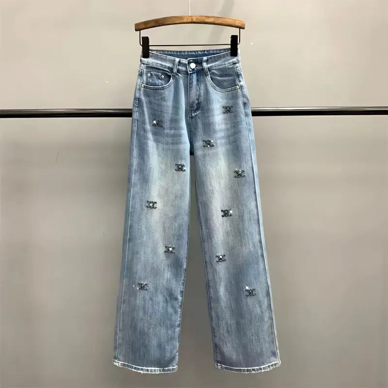 Light Blue Letter Embroidered Hot Diamond Denim Pants
