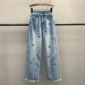 Light Blue Letter Embroidered Hot Diamond Denim Pants