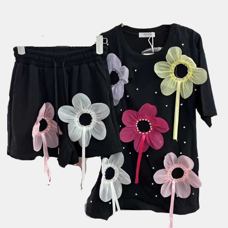 Chic Women 3D Mesh Flowers Diamonds Beaded Loose T-shirts