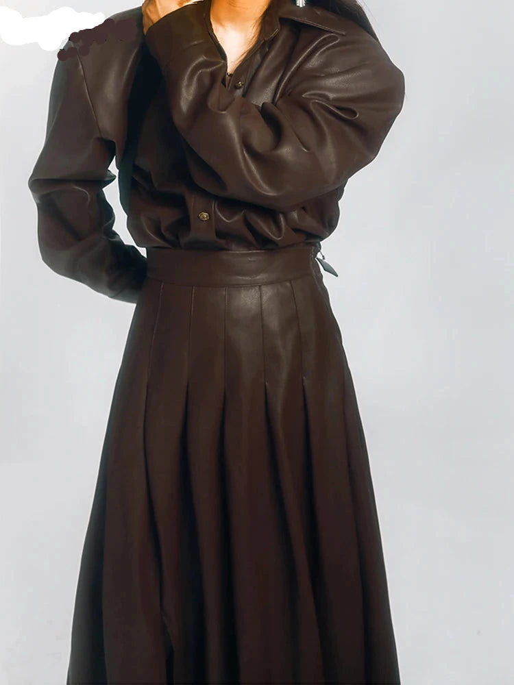 Chic Brown Soft Pu Leather Maxi Pleated Skirt