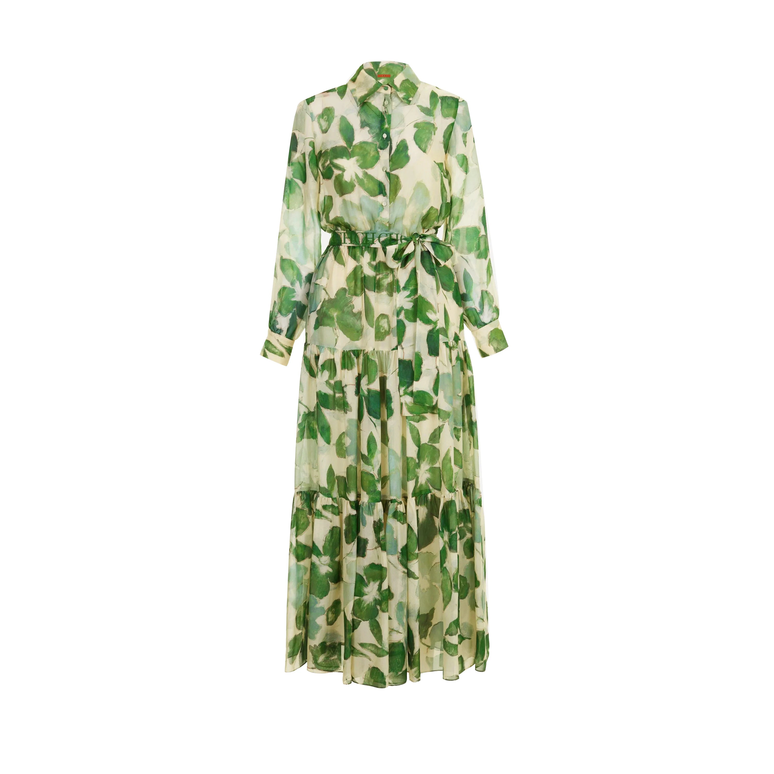 New Belted Chiffon Print V-neck Chic Slim Long Dress