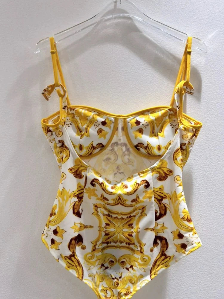 Retro Blue and White Porcelain Printing Swimsuit