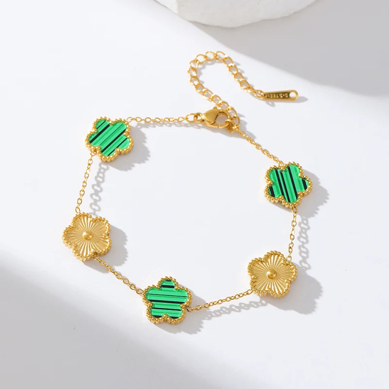 Double Sided Green Five Leaf Flower Charm Bracelets