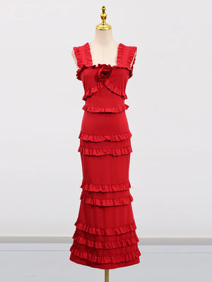 Square Collar Fungus Edge Fishtail Dress