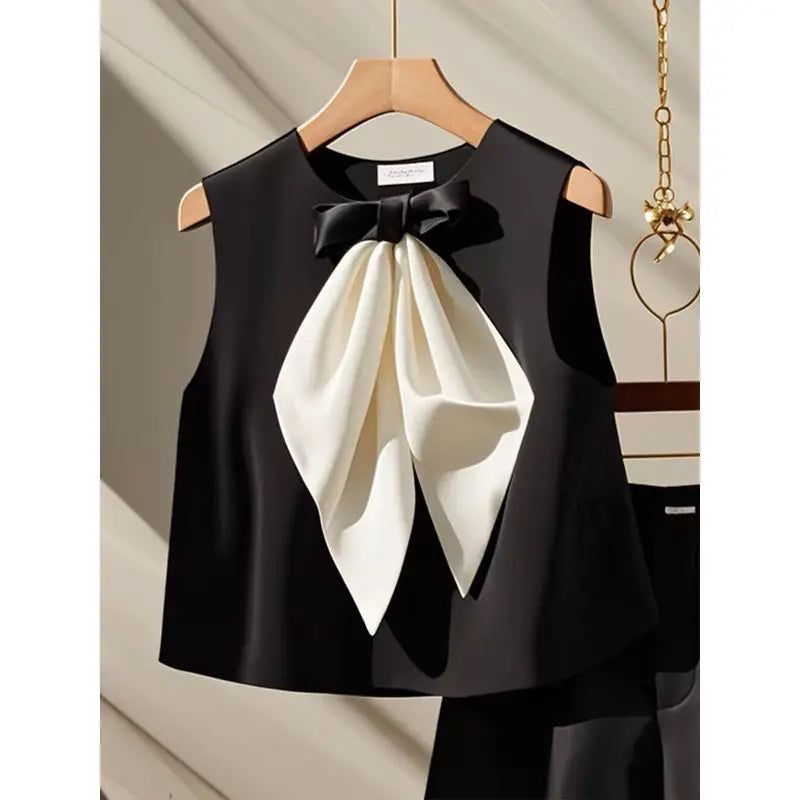 High end Luxury Black Bow Tank Top High Waist Shorts Black Two Piece Sets