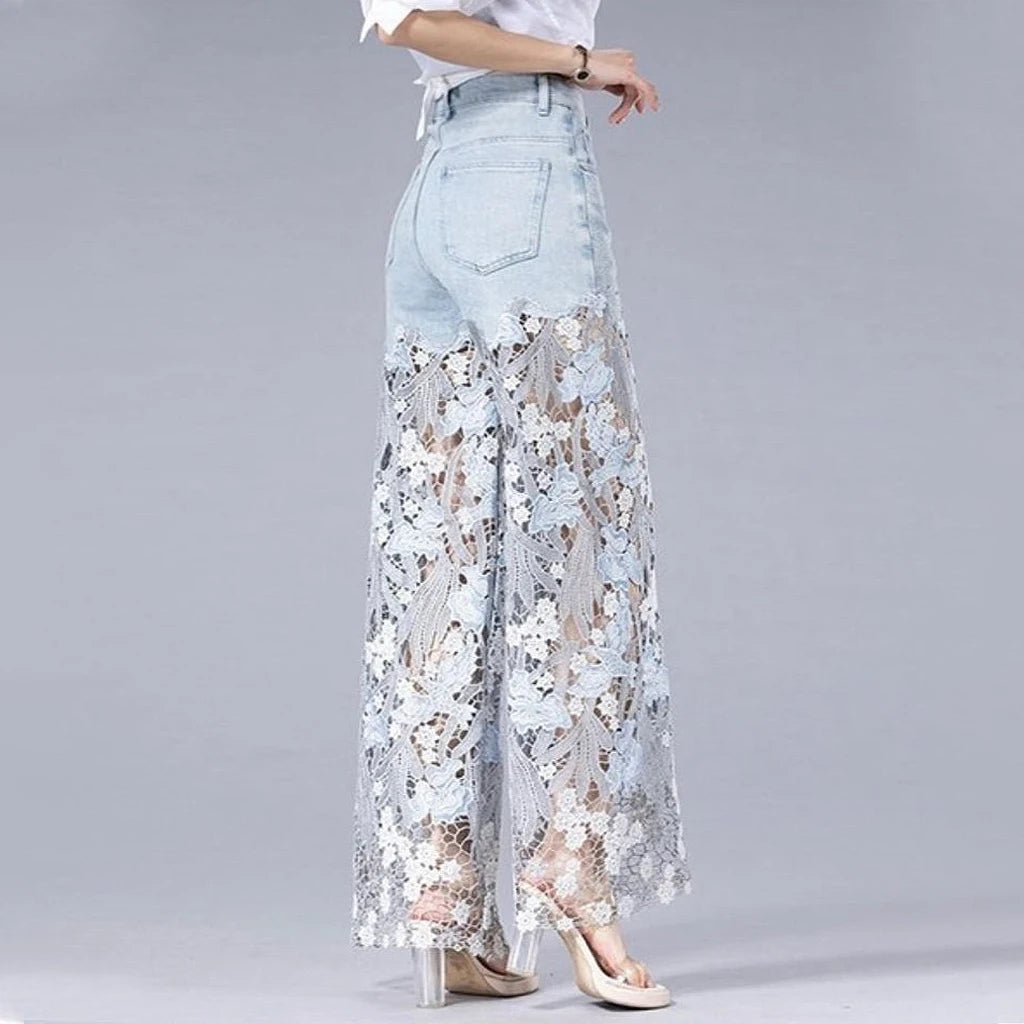 Loose Spliced Hollow Out Patchwork Applique Wide Leg Pants