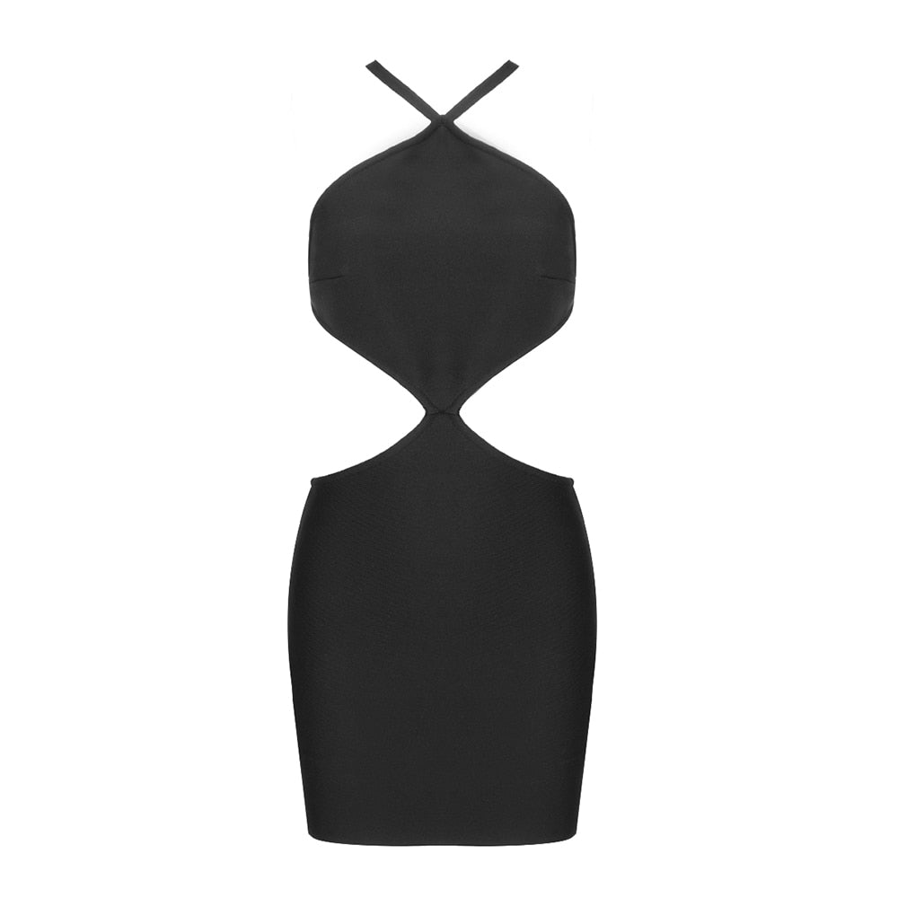 Sexy Pearl Crystal Buckle Backless Design Cut Out Sleeveless Halter Black Dress