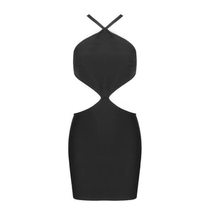 Sexy Pearl Crystal Buckle Backless Design Cut Out Sleeveless Halter Black Dress