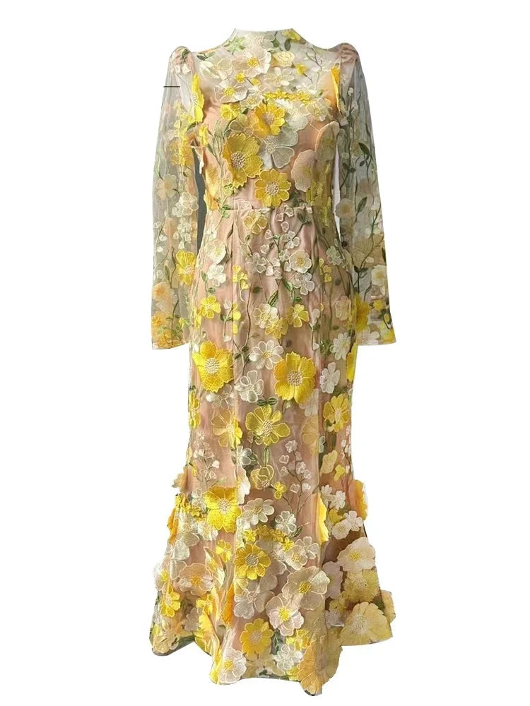 Elegant Runway High Quality Embroidery Yellow Flower Vintage Mesh Dress