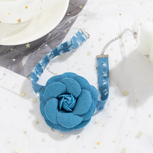 Blue Denim Strip with Large Flower Choker