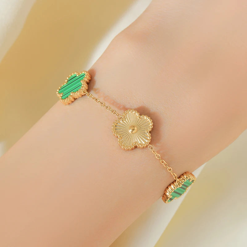 Double Sided Green Five Leaf Flower Charm Bracelets
