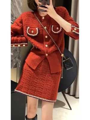 Knitted Two Piece Cardigan Skirt Suit