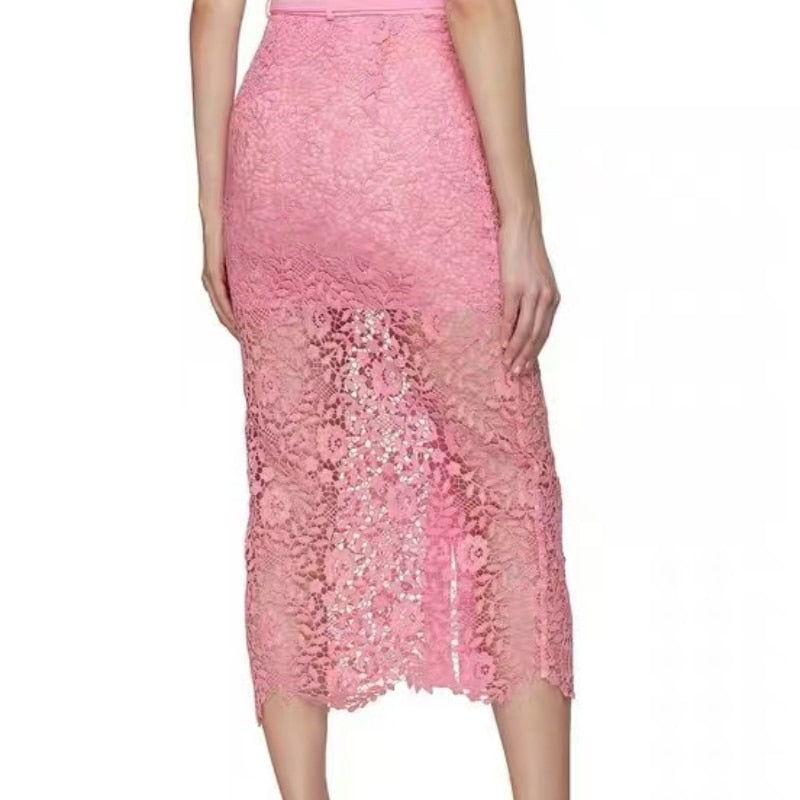 Button Decoration Pink Lace Cardigan/Same High Waist Skirt