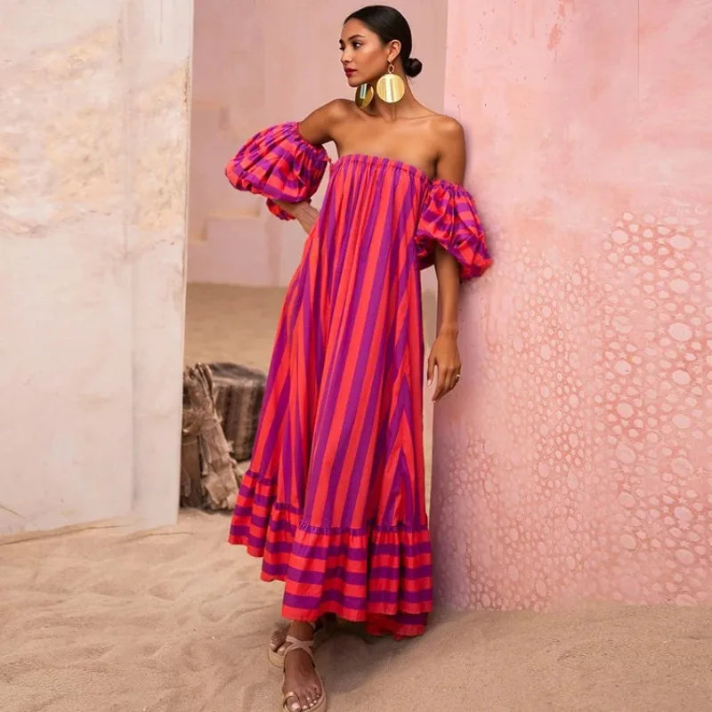 Bubble Sleeves Oversized Skirt Orange Striped Beach Vacation Dress