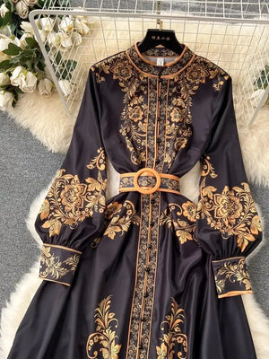 Blue Golden Flower Print Dress