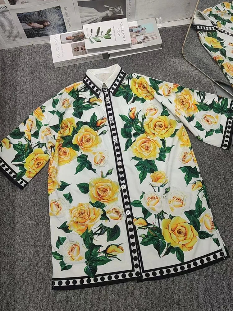 Yellow Rose Printed Single-breasted Shirt Bat Sleeve