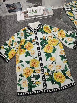 Yellow Rose Printed Single-breasted Shirt Bat Sleeve